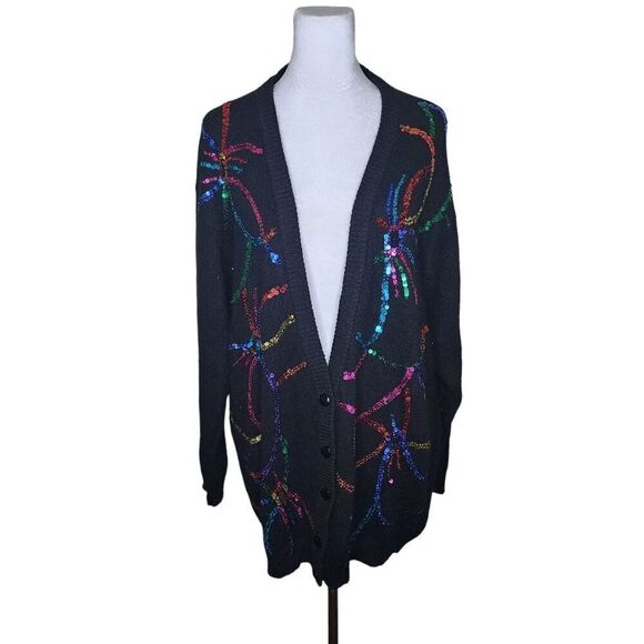 Vintage 80s Confetti Sequin Cardigan Sweater Womens Size M Black Rainbow Angora - Picture 2 of 7